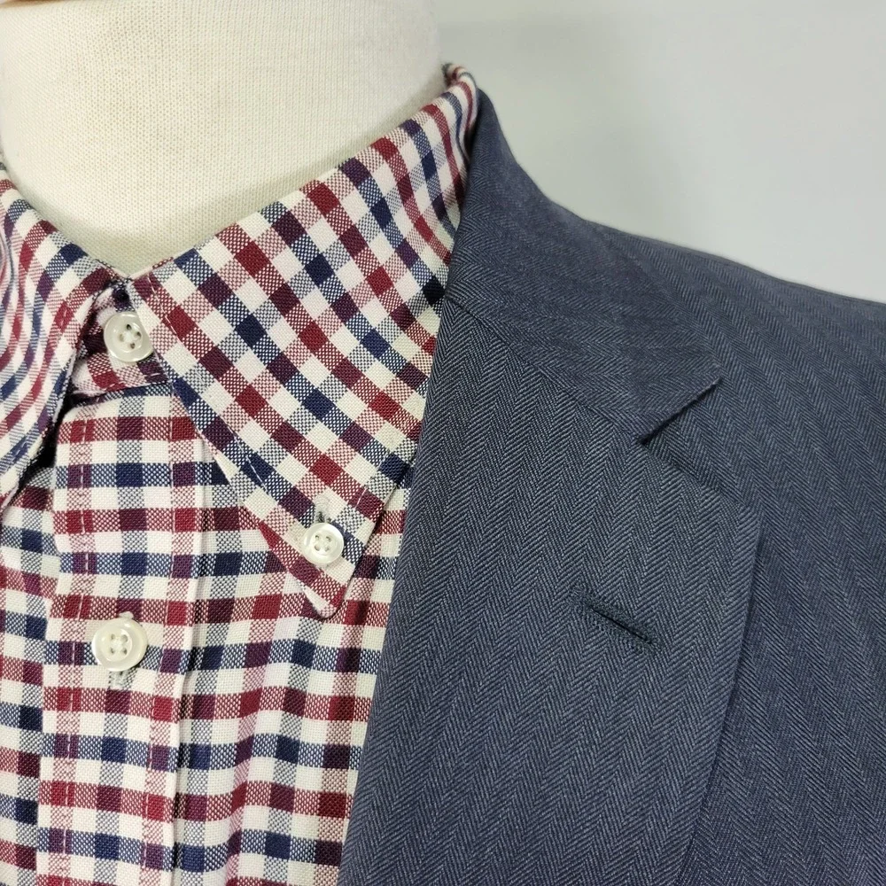 Tom James Men's Sport Coat Blazer‎ Two Button Navy Blue Wool Herringbone 44S